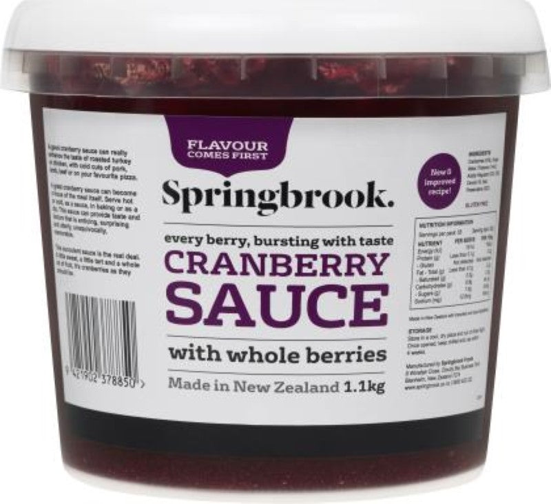 Premium 1.1KG Sauce Cranberry by Springbrook, crafted in New Zealand for sweet and savory dishes, ideal for festive meals.