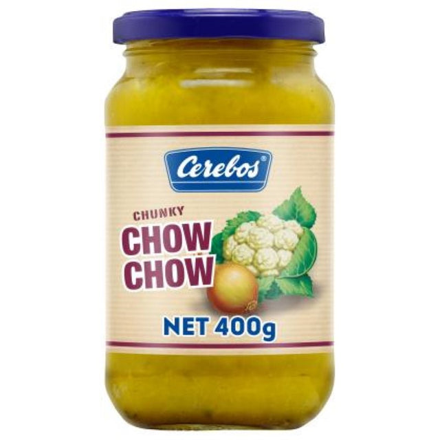 Cerebos Chow Chow relish in 400G pack, a versatile flavor enhancer for meats and vegetables, no artificial ingredients.