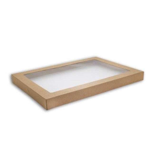 Clear window box lid for catering, 364x255x30mm, pack of 10, ideal for presenting pastries and takeout sustainably.