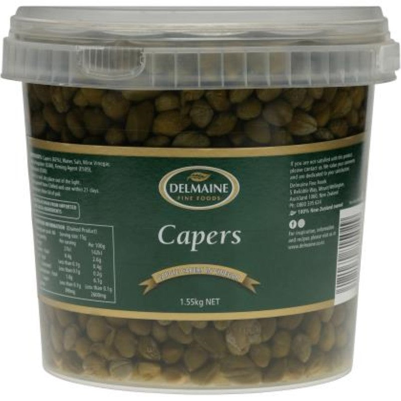 Delmaine Capers in a 1.55KG bucket, essential for Mediterranean dishes, featuring intense briny flavor from Spain.