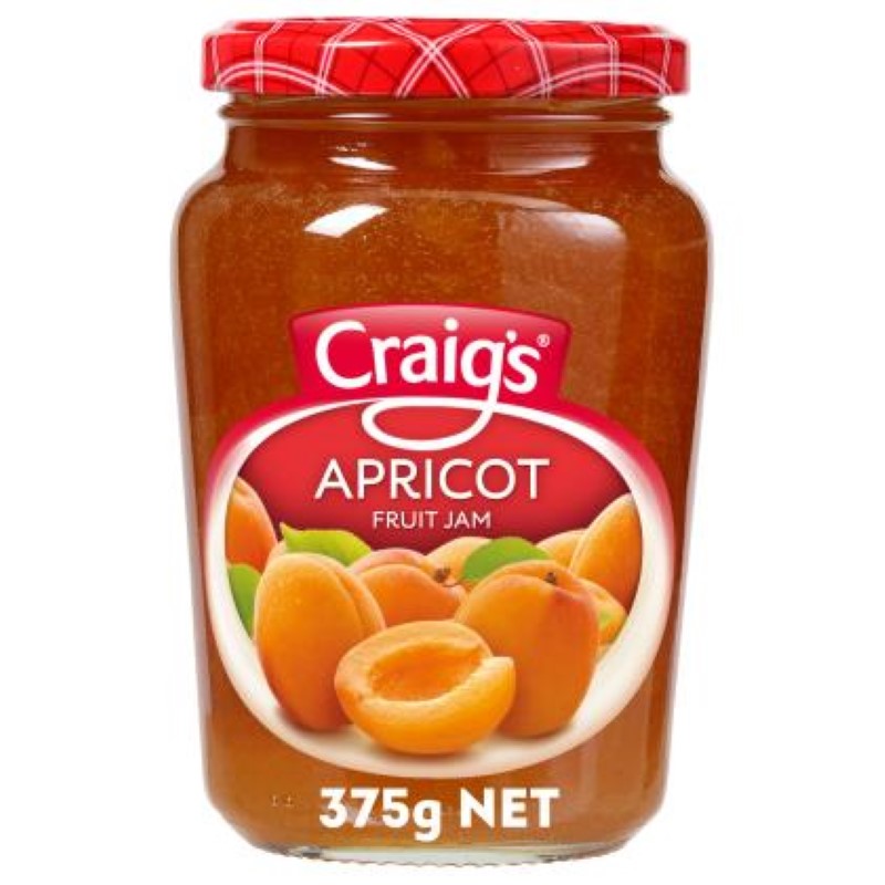 Apricot jam by Craig's in a 375g jar, blending sweet and tangy flavors for versatile breakfast and dessert use.