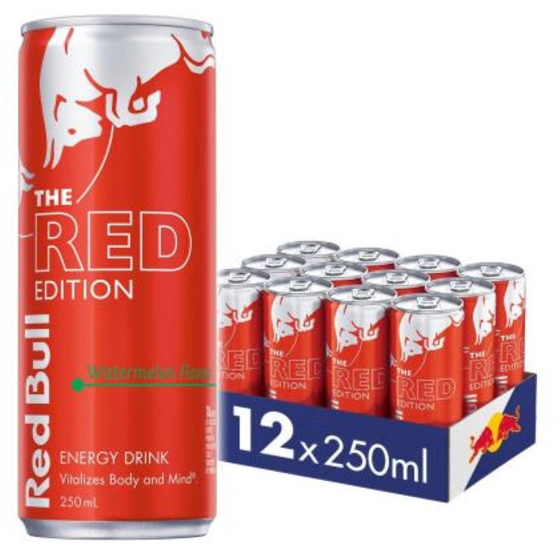 Red Bull Watermelon 12-pack: 250ml cans with refreshing watermelon flavor and energizing boost, made in Austria.