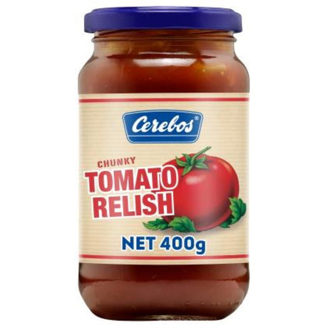 Cerebos Tomato Relish in a 400G jar, a versatile, gluten-free condiment made in Australia, perfect for enhancing meals.