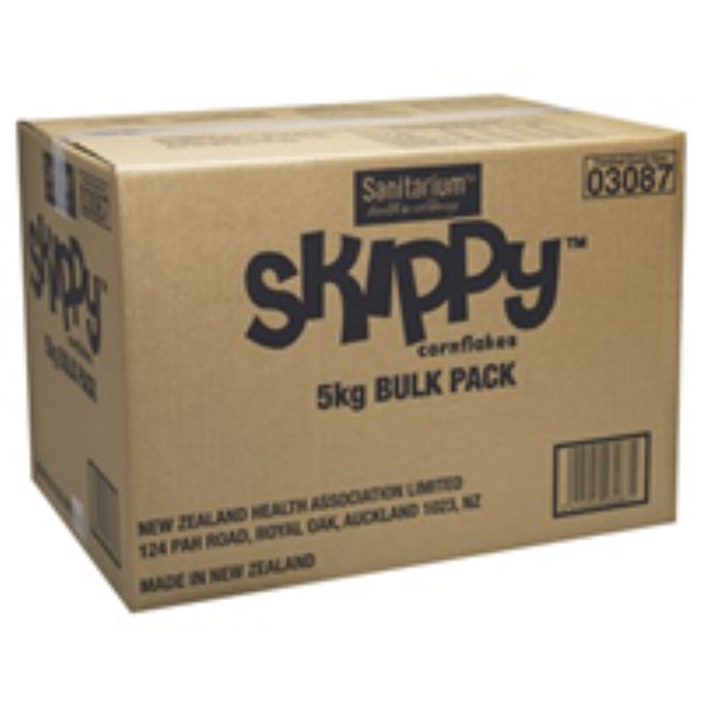 Skippy Cornflakes 5KG pack featuring crunchy golden flakes, perfect for a wholesome breakfast with milk or fruits.