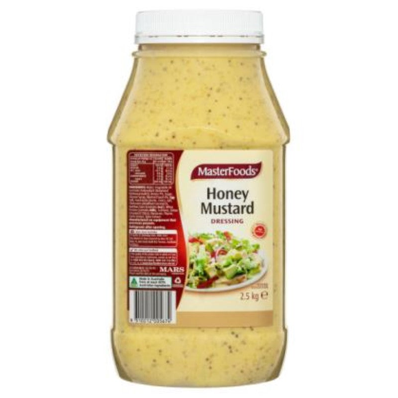 Creamy 2.5KG Honey Mustard dressing by MasterFoods, blending sweet honey and tangy mustard for flavorful salads.