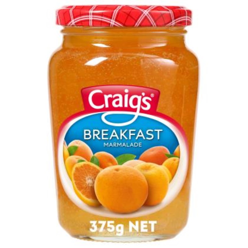 A 375G jar of Craig's grapefruit marmalade, perfect for breakfast spreads or enhancing desserts.