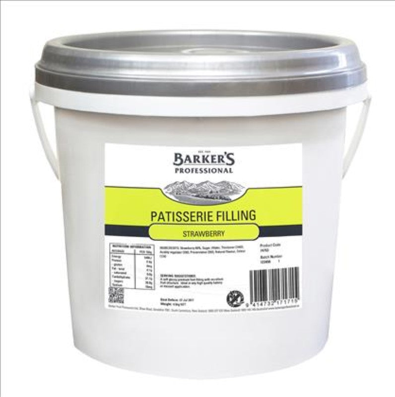 Patisserie Filling Strawberry by Barkers, a 4.5KG jar of luscious, glossy fruit filling perfect for elevating desserts.