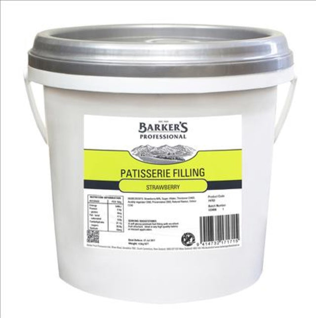 Patisserie Filling Strawberry by Barkers, a 4.5KG jar of luscious, glossy fruit filling perfect for elevating desserts.