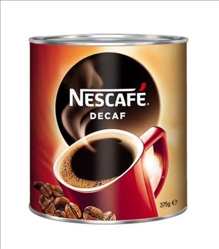 Nescafe Decaffeinated Coffee 375g pack features medium dark roasted Robusta beans for rich flavor without caffeine.