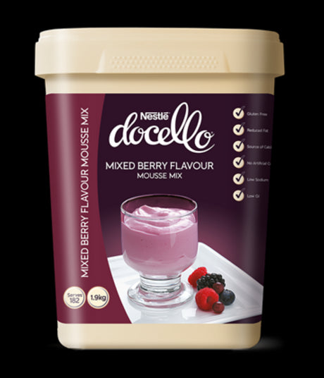 Creamy Nestle Docello Mixed Berry Mousse mix, gluten-free, low GI, 1.9KG, perfect for quick, delicious desserts.