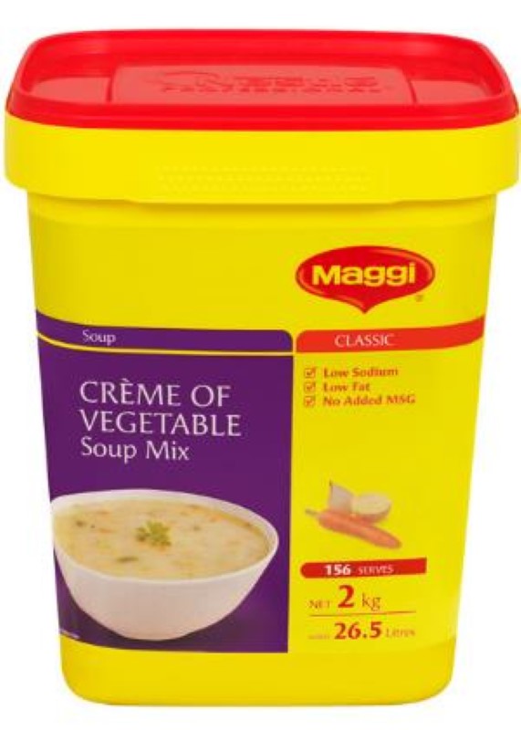 Creamy Maggi Cream of Vegetable Soup in a 2KG pack, blending garden vegetables for quick, nutritious meals.