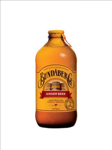 A pack of 24 Bundaberg Ginger Beer bottles, 375ml each, showcasing a refreshing balance of ginger and sweetness.