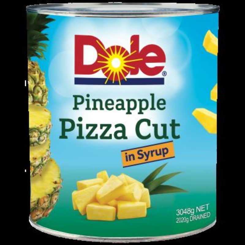 Dole Pineapple Pizza Cut in syrup, 3kg can, sweet and tangy slices ideal for pizzas, salads, and desserts.