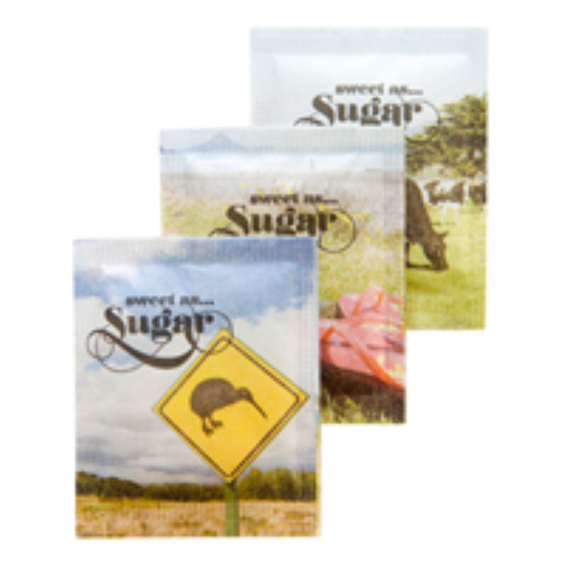 Eco-friendly sugar sachets by Healthpak, containing 1 teaspoon of refined white sugar, perfect for beverages and recipes.