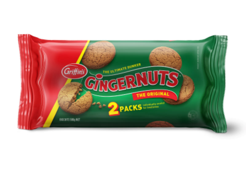 Crunchy gingernut biscuits in a 500G twin pack, made in New Zealand by Griffin's, perfect for snacking or dunking.