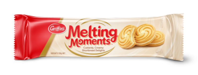 Griffin's Biscuit Melting Moments 250g, gourmet biscuits with smooth filling, perfect for snacking or afternoon tea.