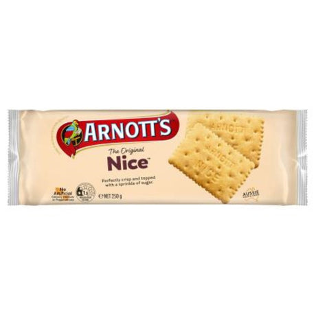 Arnott's Nice biscuits, 250G pack, featuring a sweet buttery flavor with crunchy sugar crystals, perfect for tea or coffee.