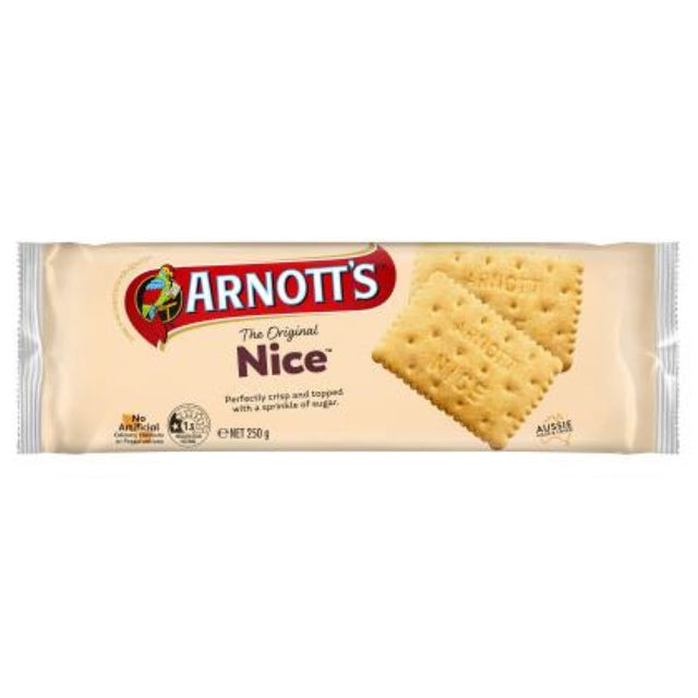 Arnott's Nice biscuits, 250G pack, featuring a sweet buttery flavor with crunchy sugar crystals, perfect for tea or coffee.