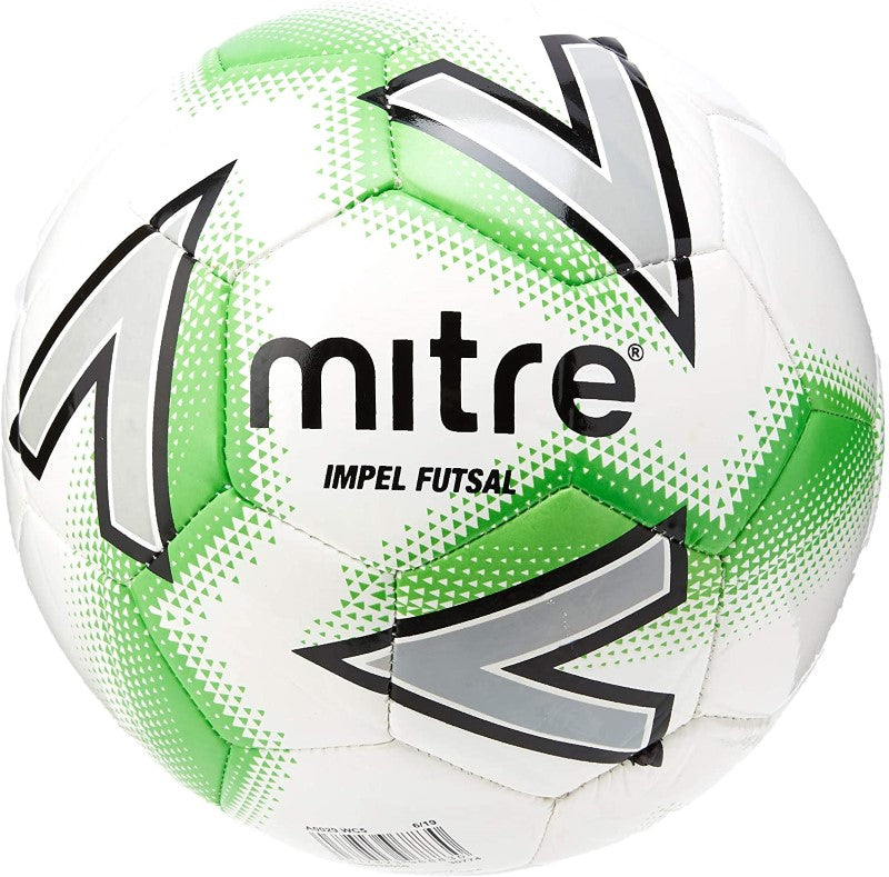 Mitre Impel Futsal Ball in White and Green, size 3, designed for durability, control, and precision in indoor play.