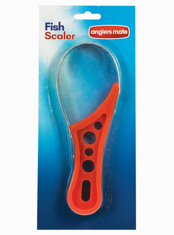 Anglers Mate Fish Scaler with serrated stainless steel blade and ergonomic handle for easy fish scaling and cleanup.