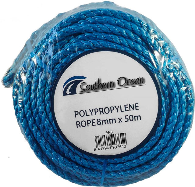 Durable 8mm x 50m polypropylene anchor line, pre-spliced with secure thimble for versatile marine anchoring.