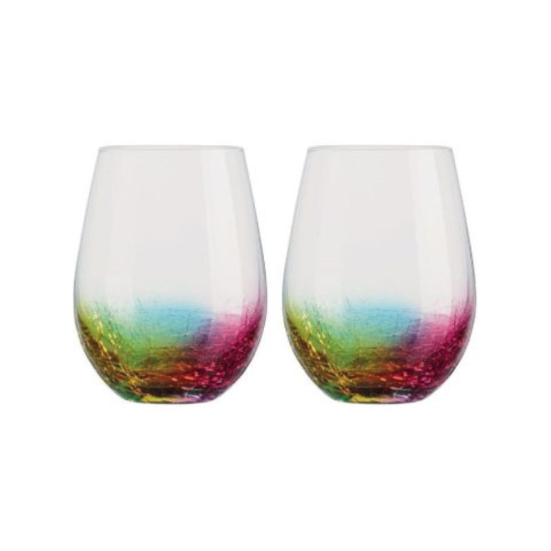 Artland Neon Stemless Glasses Set of 2 featuring unique neon designs and crackle effects, perfect for modern entertaining.