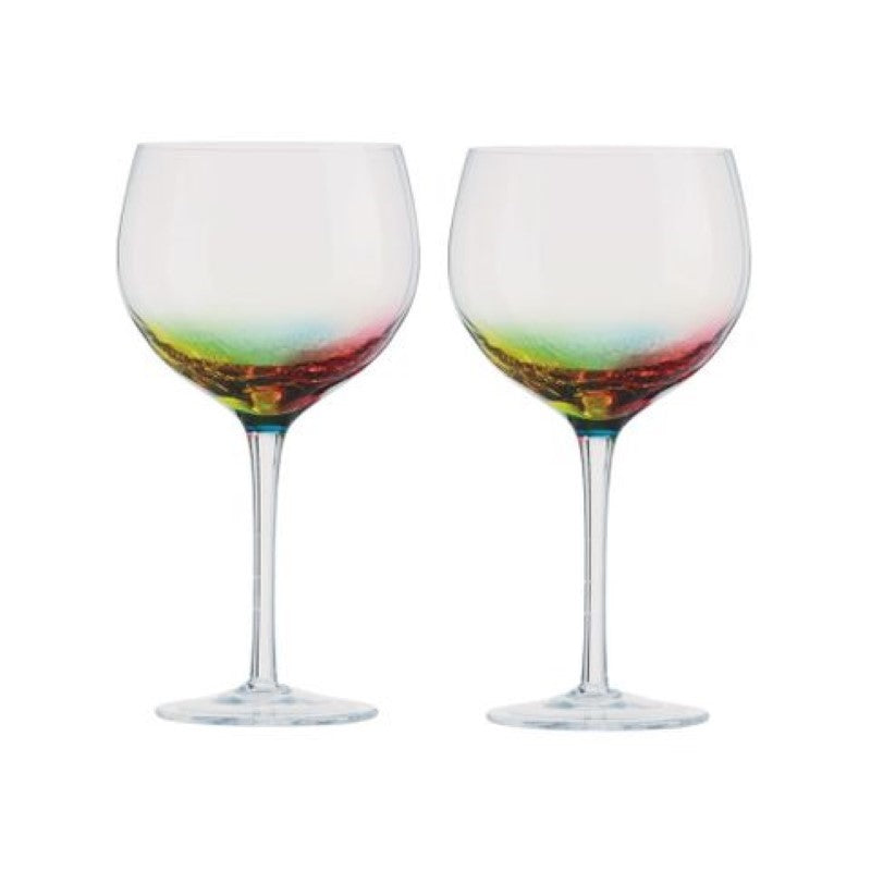 Set of 2 vibrant neon gin glasses with unique crackle design, perfect for cocktails and home bars.