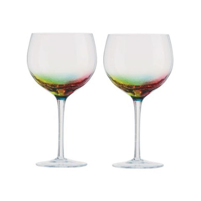 Set of 2 vibrant neon gin glasses with unique crackle design, perfect for cocktails and home bars.