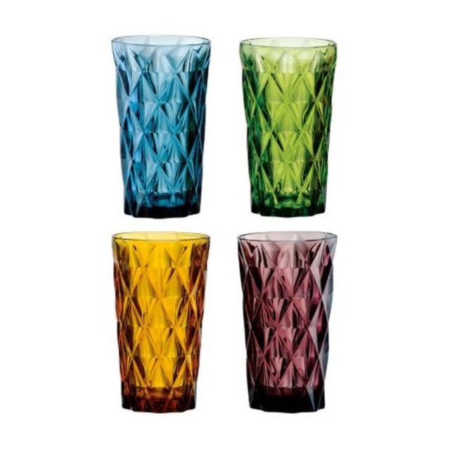 Multi-colored Artland Highgate Hiball glasses set of 4, featuring an intricate diamond pattern and durable pressed glass design.