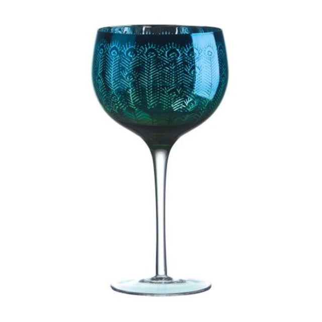 Artland Peacock Gin Glass Set of 2 featuring vibrant peacock feather design, electroplated interior, and spacious 70 cl capacity.