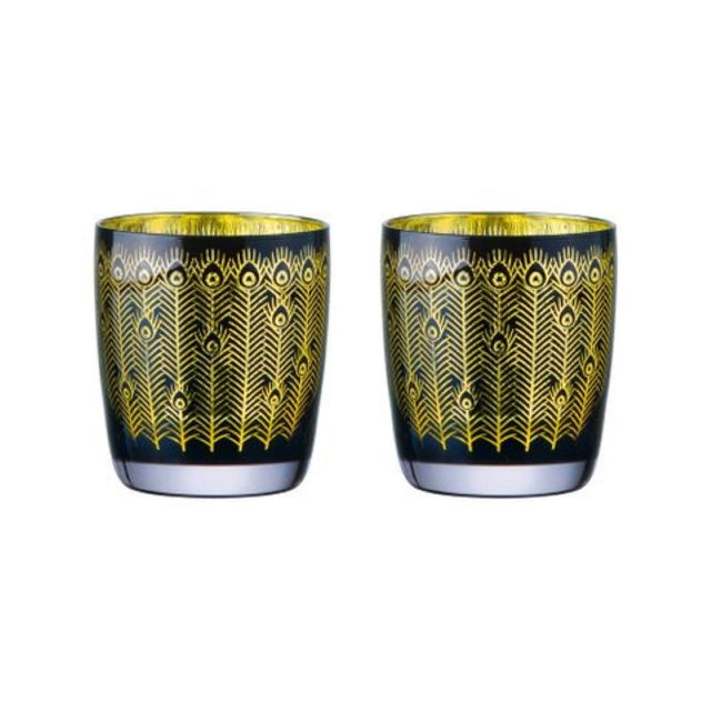 Artland Midnight Peacock Dof Tumblers set, featuring peacock feather designs and luxurious gold electroplating.