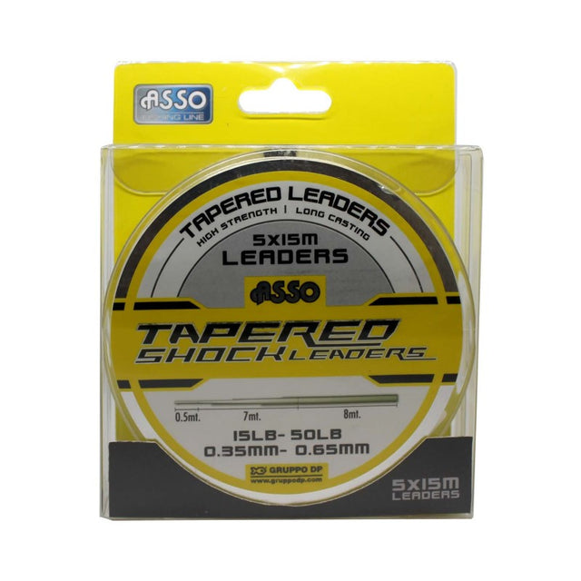 Clear tapered shockleader line, 5x15m, 15-50lb, designed for long casts and optimal strength in fishing. Perfect for anglers.