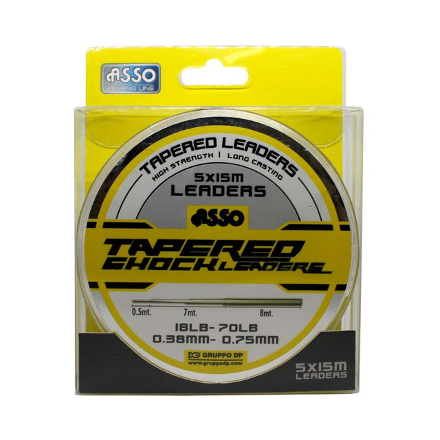 Clear tapered shockleader, 5x15m, 18-70lb, designed for long casts, minimizes friction, enhances durability and performance.