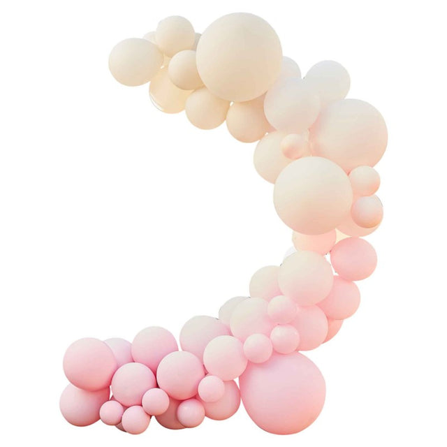 Nude and pink balloon arch kit featuring 75 balloons in various sizes, perfect for festive celebrations and themed parties.