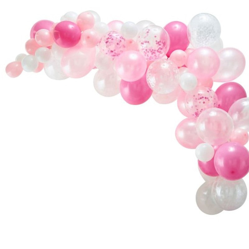 Pink Balloon Arch Kit featuring 70 latex balloons in shades of pink, perfect for celebrations and photo backdrops.