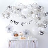 Balloon Arch Silver Kit with 70 balloons for stunning event decor, including white, silver, and confetti balloons.