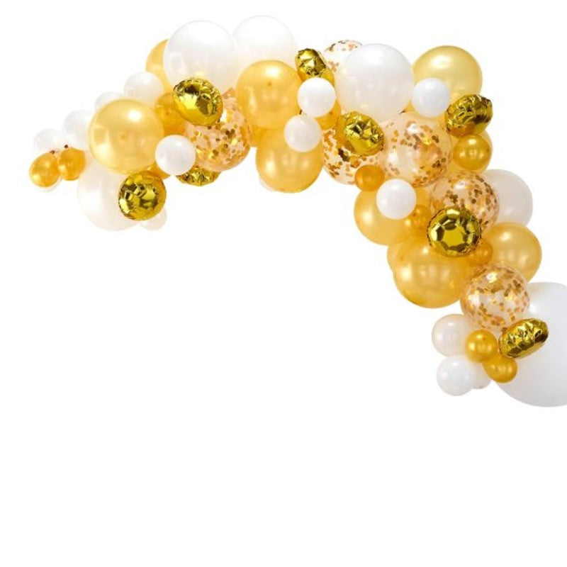 Elegant gold and white balloon arch kit with 70 assorted balloons for stunning party decorations. Perfect for any celebration.