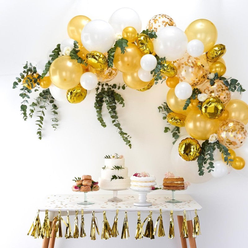 Elegant gold and white balloon arch kit with 70 balloons for stunning decorations at any celebration or special event.