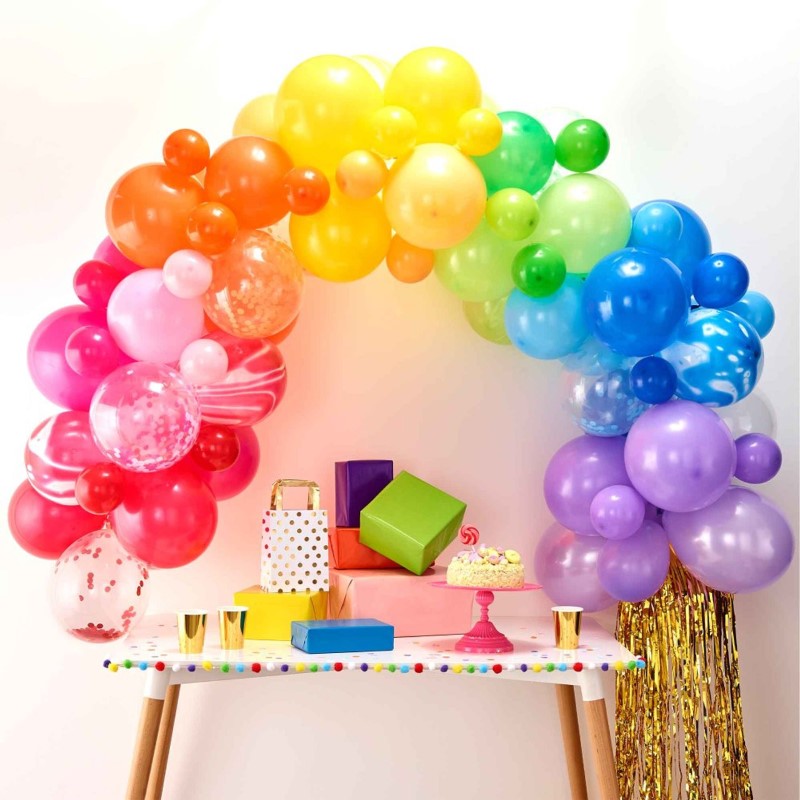 Vibrant Rainbow Balloon Arch Pack of 85 for festive celebrations, featuring assorted latex balloons in bright colors and easy setup.