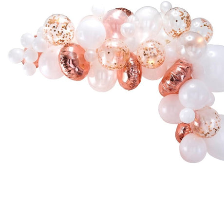 Rose gold and white balloon arch kit with confetti, perfect for weddings and parties, includes 70 balloons and assembly supplies.