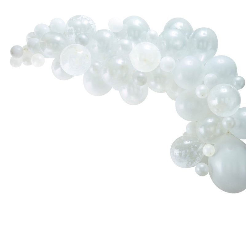 All-inclusive Balloon Arch White Kit with 70 assorted white balloons, perfect for elegant event decor and easy assembly.