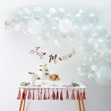 White Balloon Arch Kit with 70 balloons, including confetti and pearl options, perfect for elegant event decor.