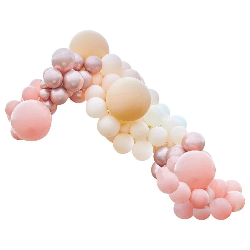 Large balloon arch in rose gold chrome and nude, featuring 200 assorted balloons for stunning party decorations.