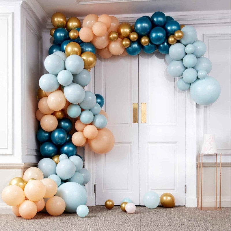 Luxe teal and gold chrome balloon arch kit with 200 balloons for stunning event decor and easy assembly.