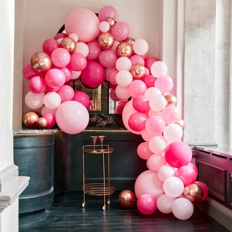 Luxe Pink and Rose Gold Balloon Arch Kit with 200 balloons, perfect for elegant celebrations and easy assembly.