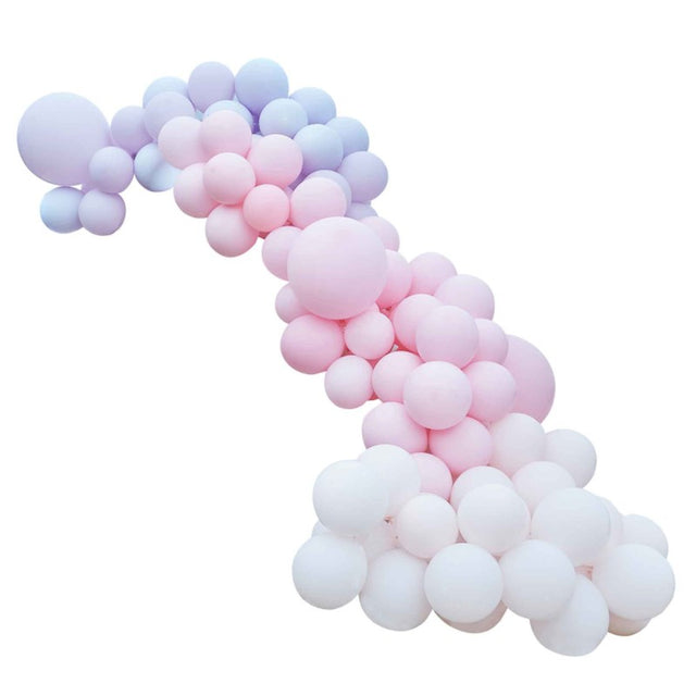 Luxe pastel pink and purple balloon arch kit with 200 balloons, ideal for elegant celebrations and easy assembly.