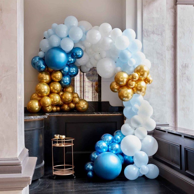 Luxe blue and gold balloon arch kit with 200 pieces for elegant celebrations, featuring varied sizes and easy assembly tools.