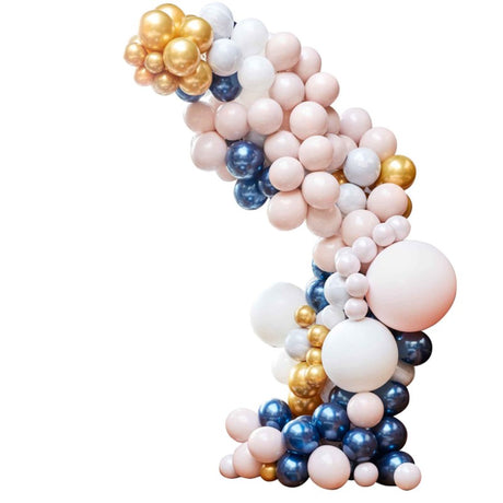 Luxe balloon arch kit featuring 200 elegant marble, navy, and gold chrome balloons for stylish celebrations.