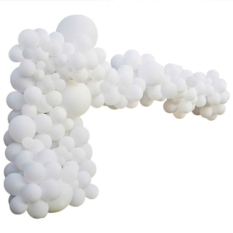 Luxe White Balloon Arch Kit with 200 balloons in various sizes, perfect for elegant event decor and easy assembly.