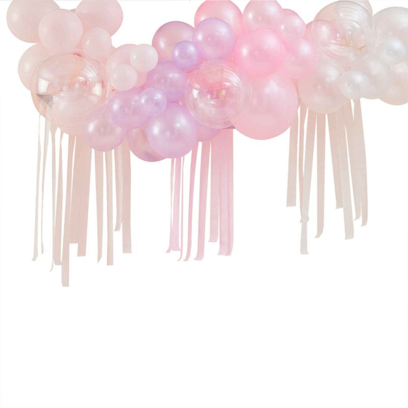 Pastel, pearl, and ivory balloons in various sizes create an elegant arch kit for vibrant celebrations and special events.